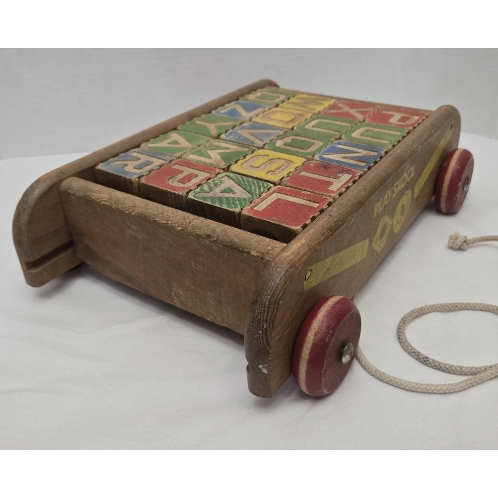 Vintage Playskool Pull Along WAGON with 21‎ Alphabet Wooden Blocks ABC 1950s
